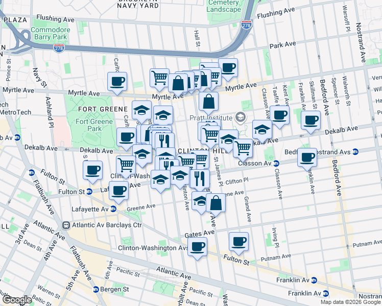 map of restaurants, bars, coffee shops, grocery stores, and more near Waverly Avenue in Brooklyn