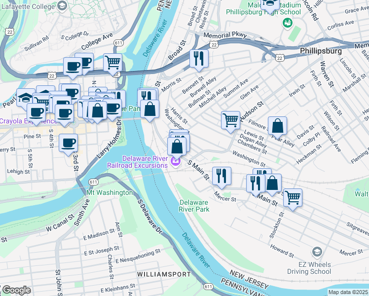 map of restaurants, bars, coffee shops, grocery stores, and more near 28 Brainard Street in Phillipsburg