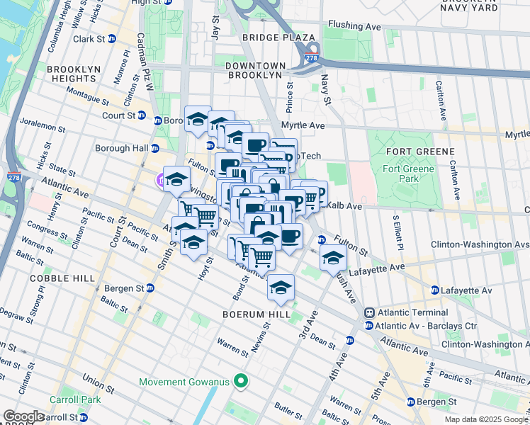 map of restaurants, bars, coffee shops, grocery stores, and more near 250 Livingston Street in Brooklyn