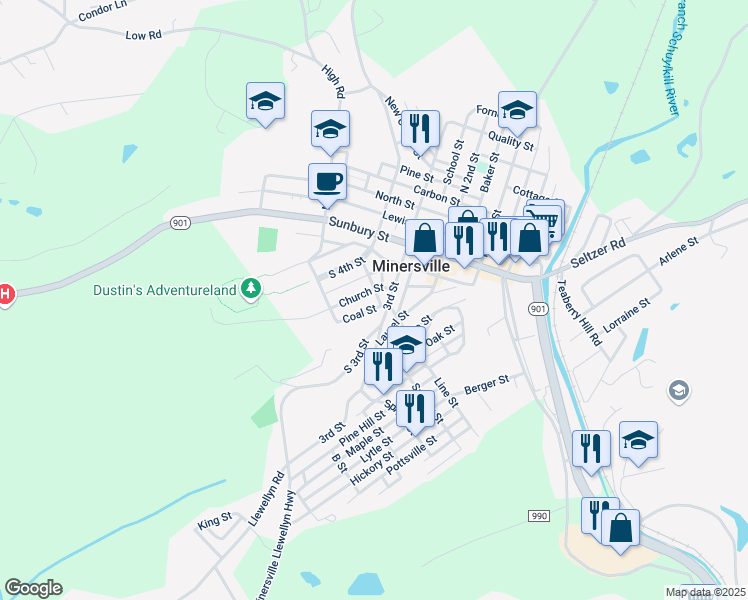 map of restaurants, bars, coffee shops, grocery stores, and more near 212 Spencer Street in Minersville