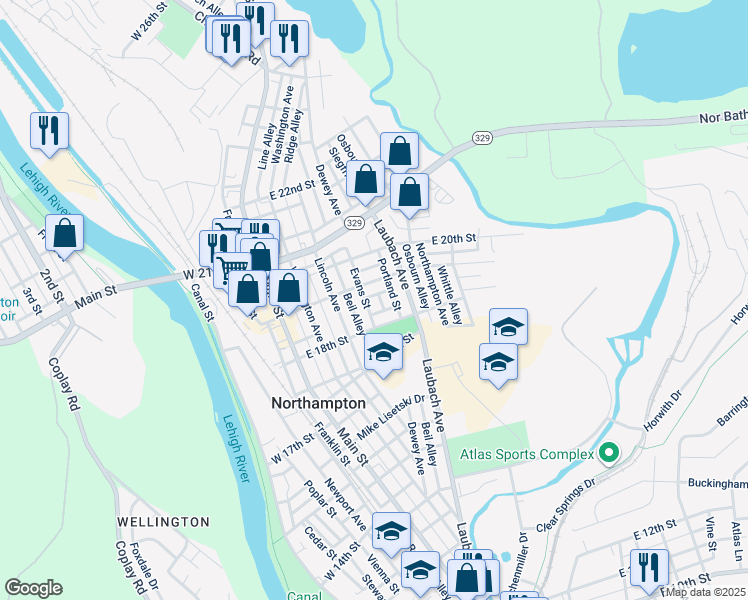 map of restaurants, bars, coffee shops, grocery stores, and more near 1807 Evans Street in Northampton