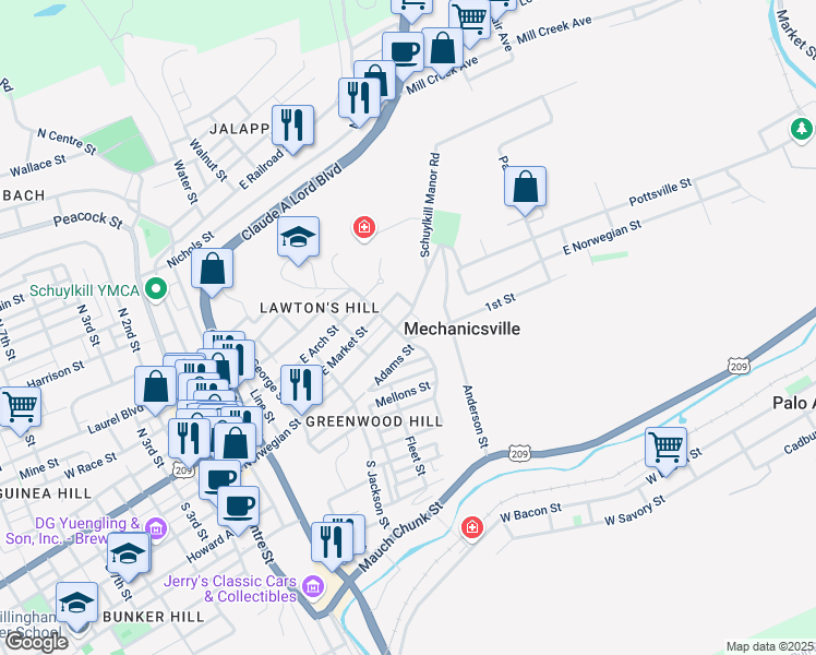map of restaurants, bars, coffee shops, grocery stores, and more near 607 East Norwegian Street in Pottsville