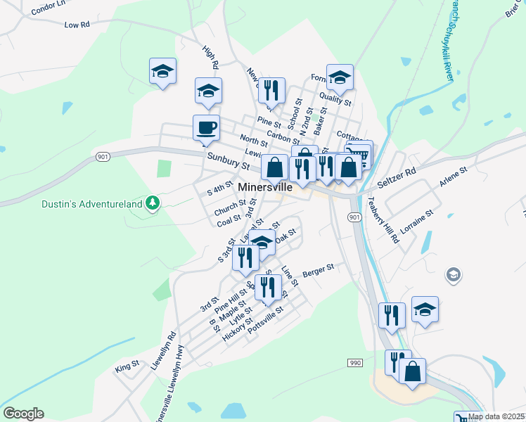 map of restaurants, bars, coffee shops, grocery stores, and more near 229 South Water Street in Minersville