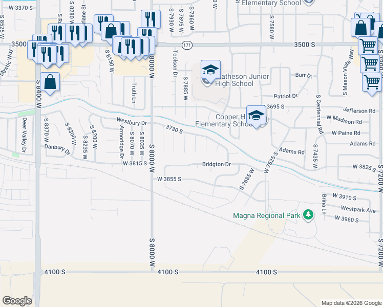 map of restaurants, bars, coffee shops, grocery stores, and more near 3782 South Tail Trail Court in Magna