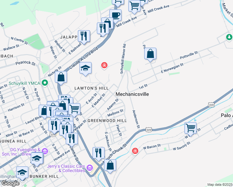 map of restaurants, bars, coffee shops, grocery stores, and more near 607 East Norwegian Street in Pottsville