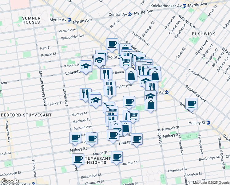 map of restaurants, bars, coffee shops, grocery stores, and more near 729 Quincy Street in Brooklyn
