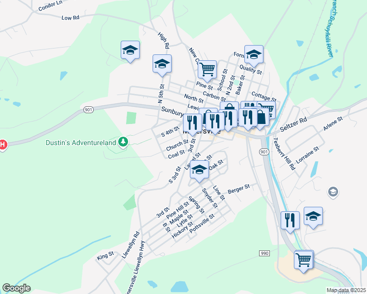 map of restaurants, bars, coffee shops, grocery stores, and more near 212 Spencer Street in Minersville