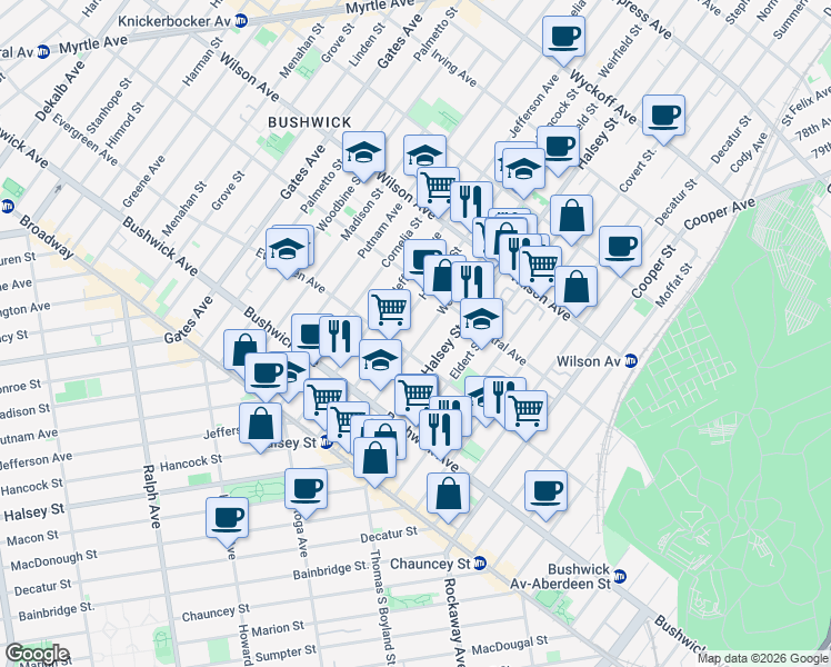 map of restaurants, bars, coffee shops, grocery stores, and more near 1095 Halsey Street in Brooklyn