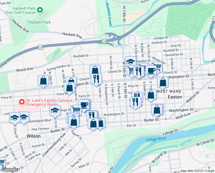 map of restaurants, bars, coffee shops, grocery stores, and more near 44 Raspberry Street in Easton