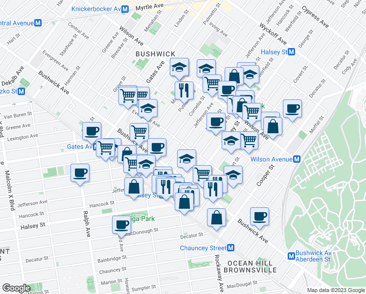map of restaurants, bars, coffee shops, grocery stores, and more near 1152 Jefferson Avenue in Brooklyn