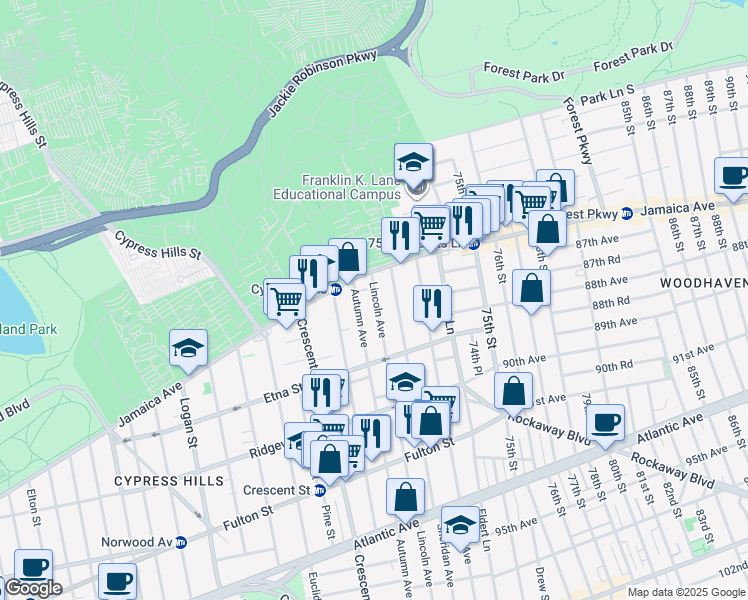 map of restaurants, bars, coffee shops, grocery stores, and more near 59 Lincoln Avenue in Brooklyn