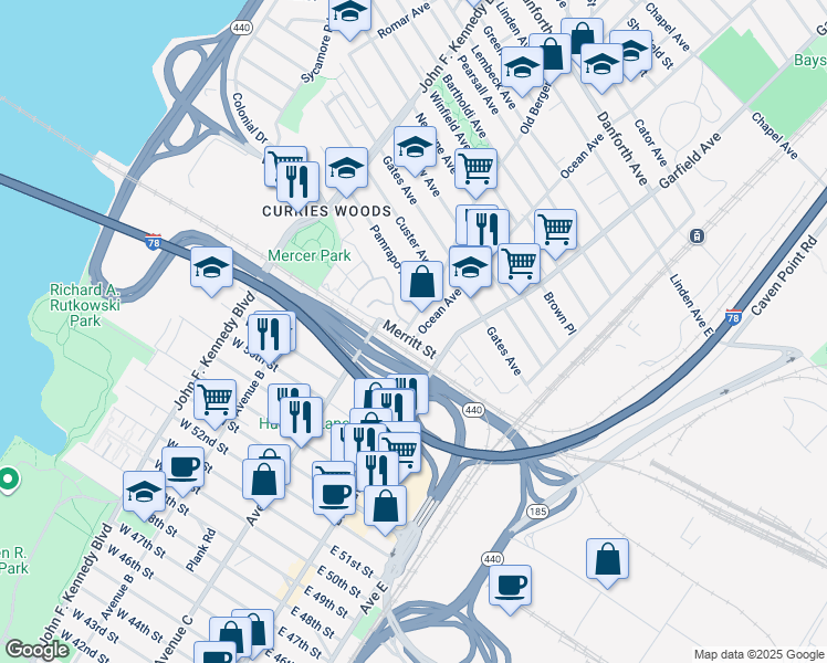 map of restaurants, bars, coffee shops, grocery stores, and more near 119 Merritt Street in Jersey City