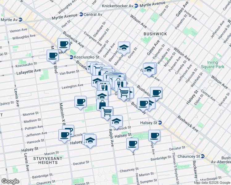map of restaurants, bars, coffee shops, grocery stores, and more near 1010-1012 Gates Avenue in Brooklyn