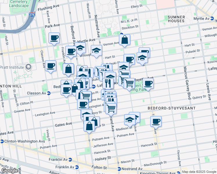 map of restaurants, bars, coffee shops, grocery stores, and more near 328 Clifton Place in Brooklyn