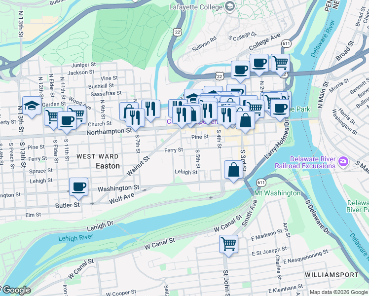 map of restaurants, bars, coffee shops, grocery stores, and more near 123 South 6th Street in Easton
