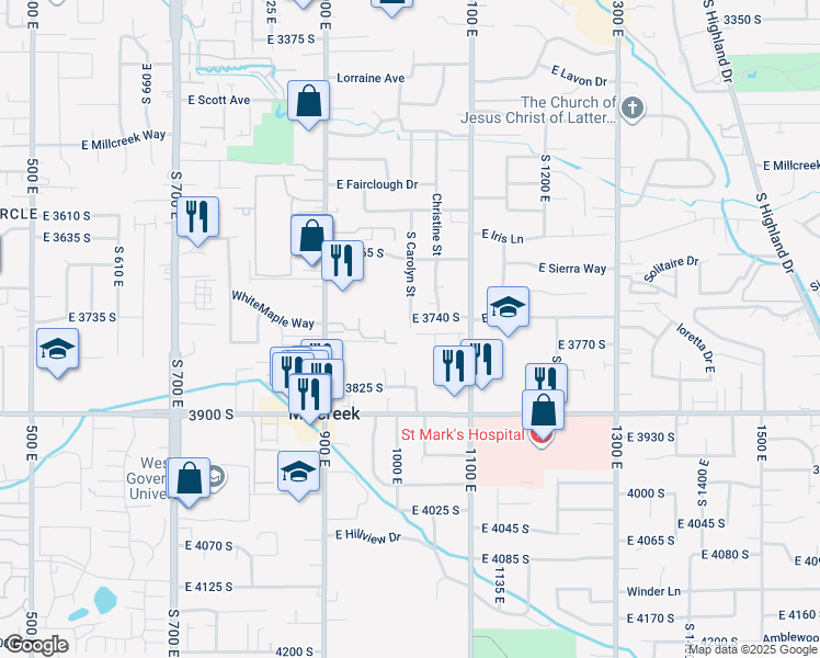 map of restaurants, bars, coffee shops, grocery stores, and more near 4194 South Carolyn Street in Millcreek