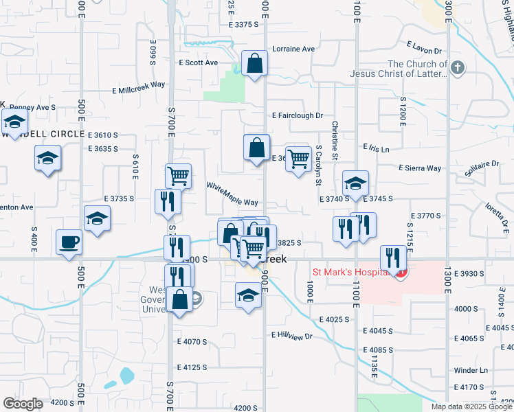 map of restaurants, bars, coffee shops, grocery stores, and more near in Millcreek