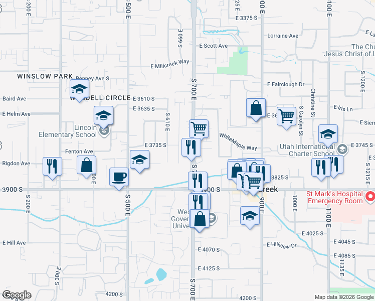 map of restaurants, bars, coffee shops, grocery stores, and more near 3776 South 700 East in South Salt Lake
