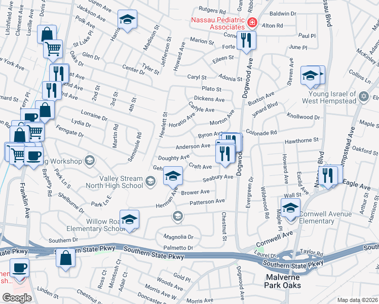 map of restaurants, bars, coffee shops, grocery stores, and more near 769 Craft Avenue in Franklin Square