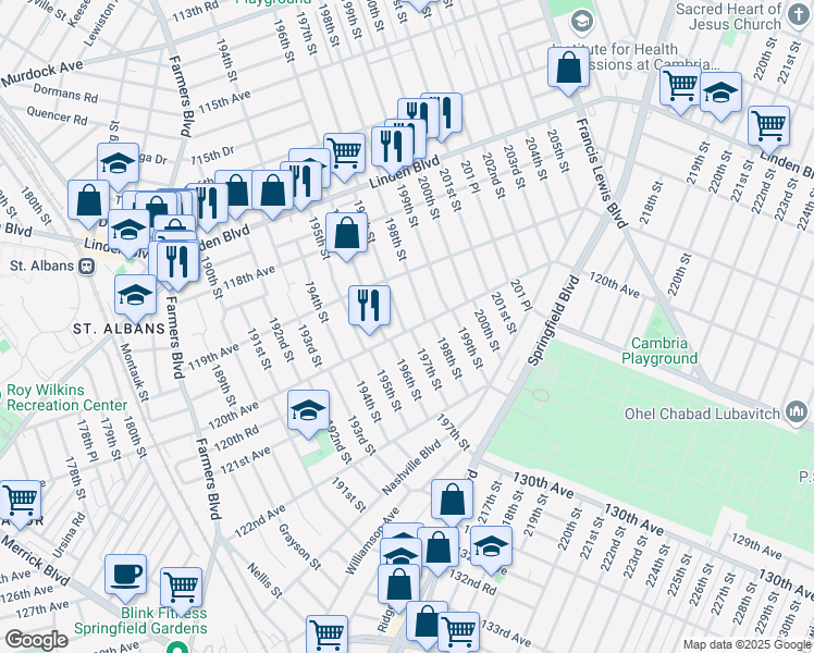 map of restaurants, bars, coffee shops, grocery stores, and more near 195-02 120th Avenue in Queens
