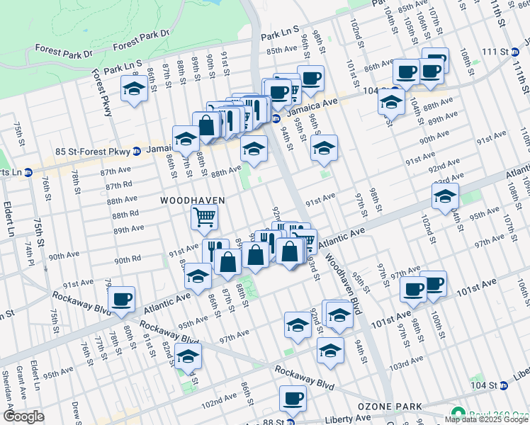 map of restaurants, bars, coffee shops, grocery stores, and more near 90-16 91st Avenue in Queens