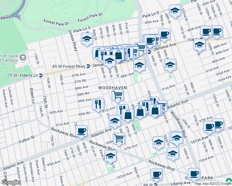 map of restaurants, bars, coffee shops, grocery stores, and more near 89-27 87th Street in Queens
