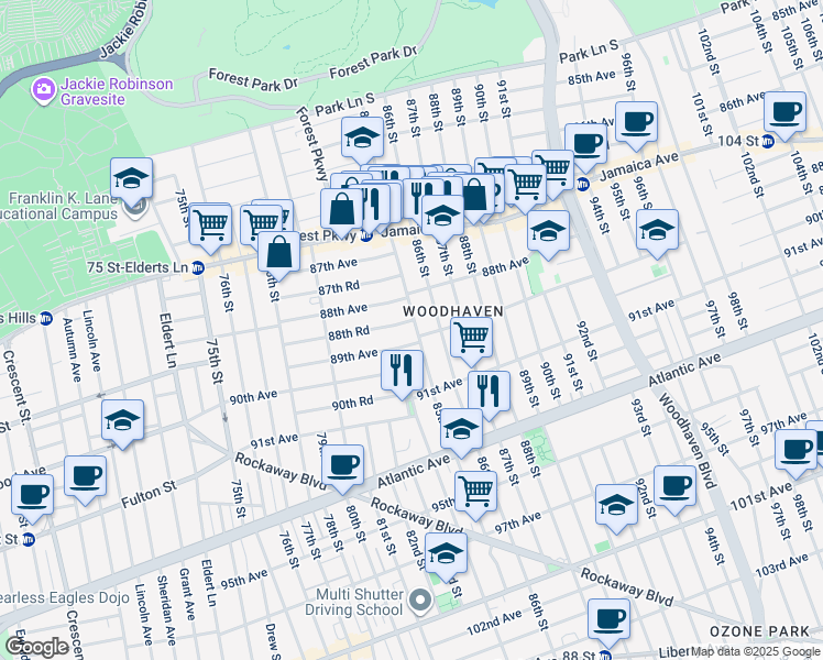map of restaurants, bars, coffee shops, grocery stores, and more near 84-04 89th Avenue in Queens