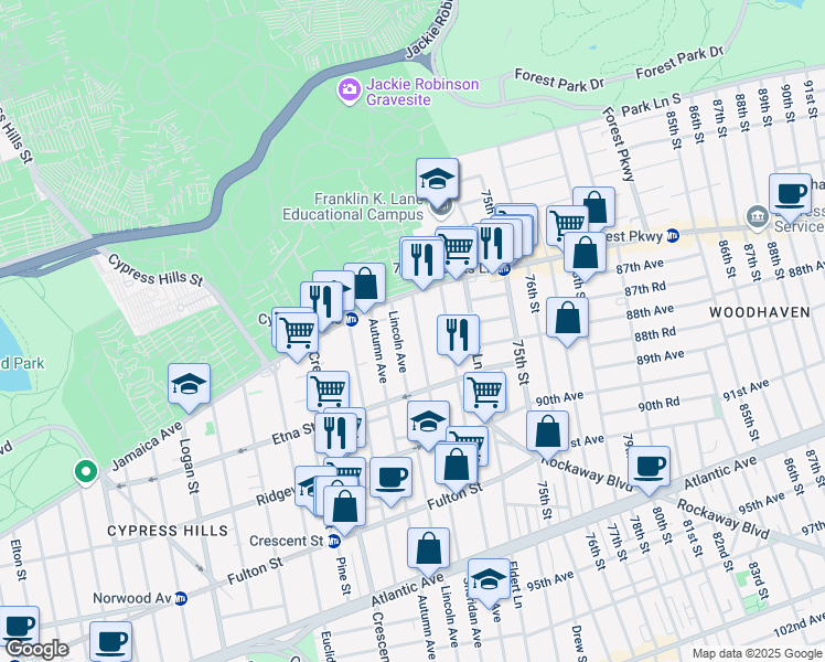map of restaurants, bars, coffee shops, grocery stores, and more near 59 Lincoln Avenue in Brooklyn