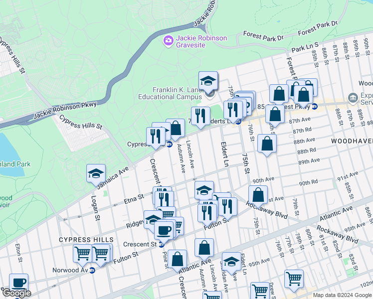 map of restaurants, bars, coffee shops, grocery stores, and more near 59 Lincoln Avenue in Brooklyn