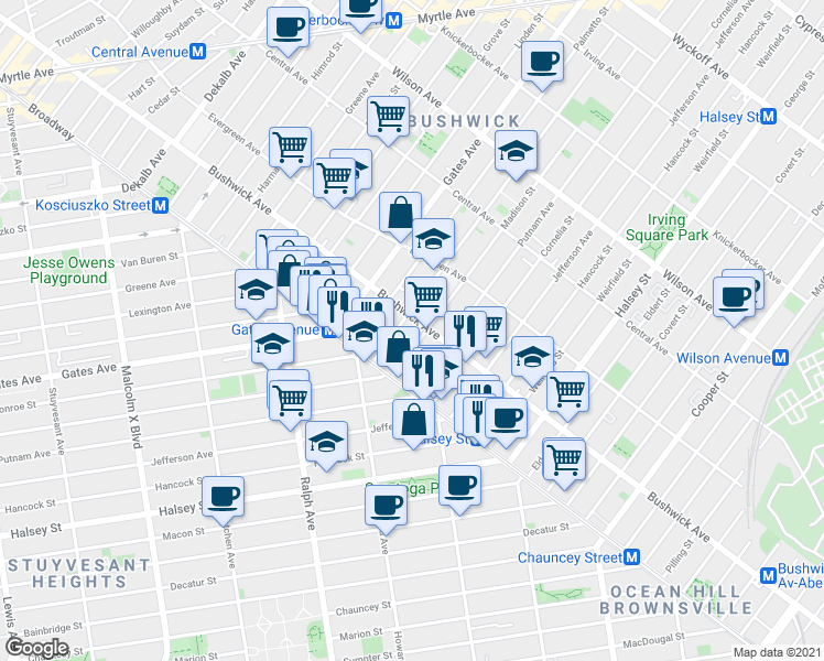 map of restaurants, bars, coffee shops, grocery stores, and more near 984 Madison Street in Brooklyn