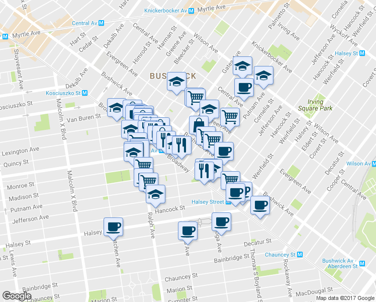 map of restaurants, bars, coffee shops, grocery stores, and more near 16 Woodbine Street in Brooklyn