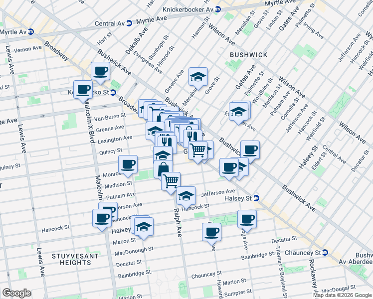 map of restaurants, bars, coffee shops, grocery stores, and more near 1010-1012 Gates Avenue in Brooklyn