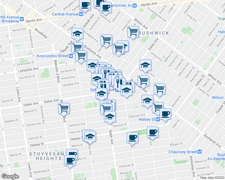 map of restaurants, bars, coffee shops, grocery stores, and more near 829 Monroe Street in Brooklyn