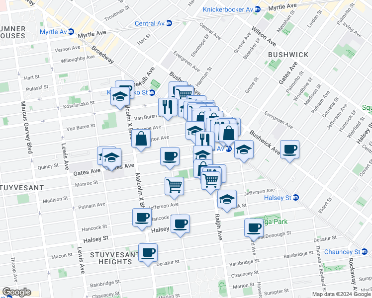 map of restaurants, bars, coffee shops, grocery stores, and more near 950 Gates Avenue in Brooklyn