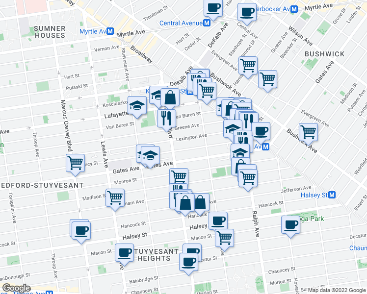 map of restaurants, bars, coffee shops, grocery stores, and more near 921 Gates Avenue in Brooklyn
