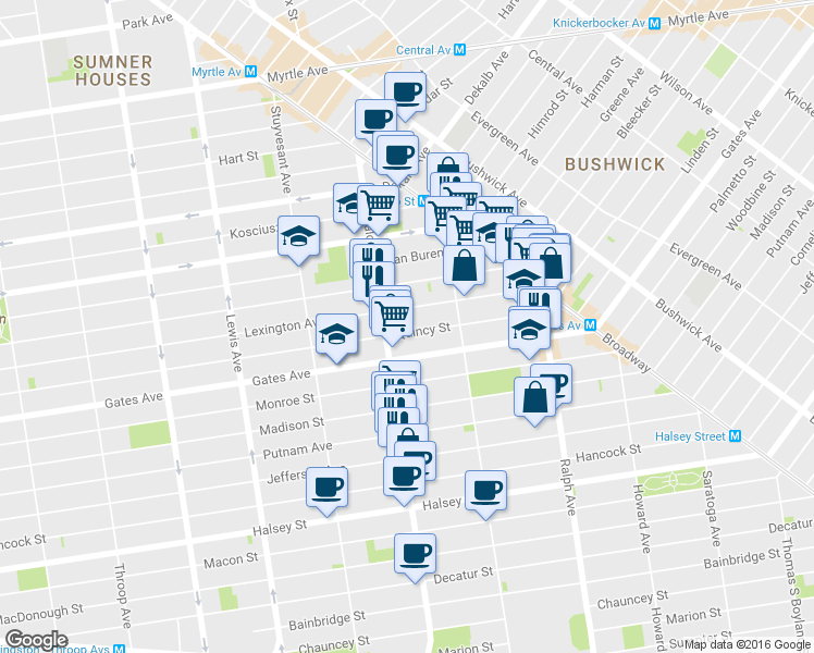map of restaurants, bars, coffee shops, grocery stores, and more near 921 Gates Avenue in Brooklyn
