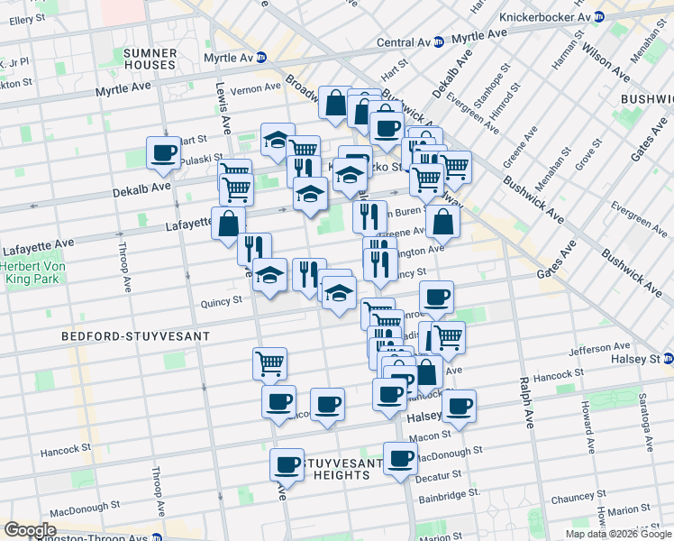 map of restaurants, bars, coffee shops, grocery stores, and more near 710 Quincy Street in Brooklyn