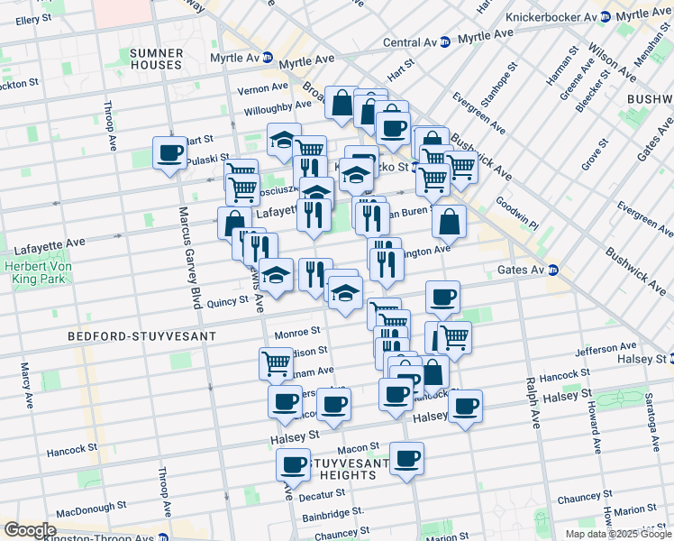 map of restaurants, bars, coffee shops, grocery stores, and more near 710 Quincy Street in Brooklyn