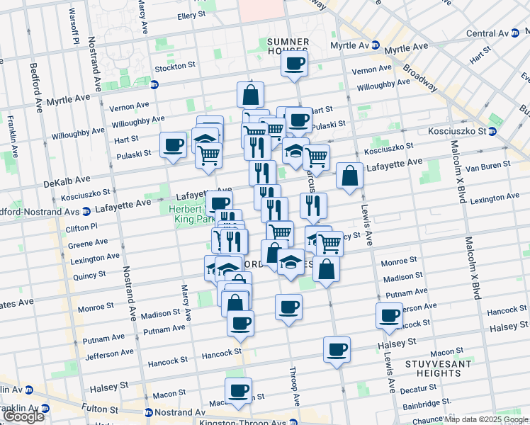 map of restaurants, bars, coffee shops, grocery stores, and more near 434 Throop Avenue in Brooklyn