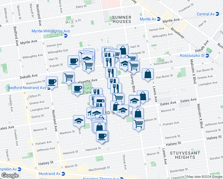 map of restaurants, bars, coffee shops, grocery stores, and more near 434 Throop Avenue in Brooklyn