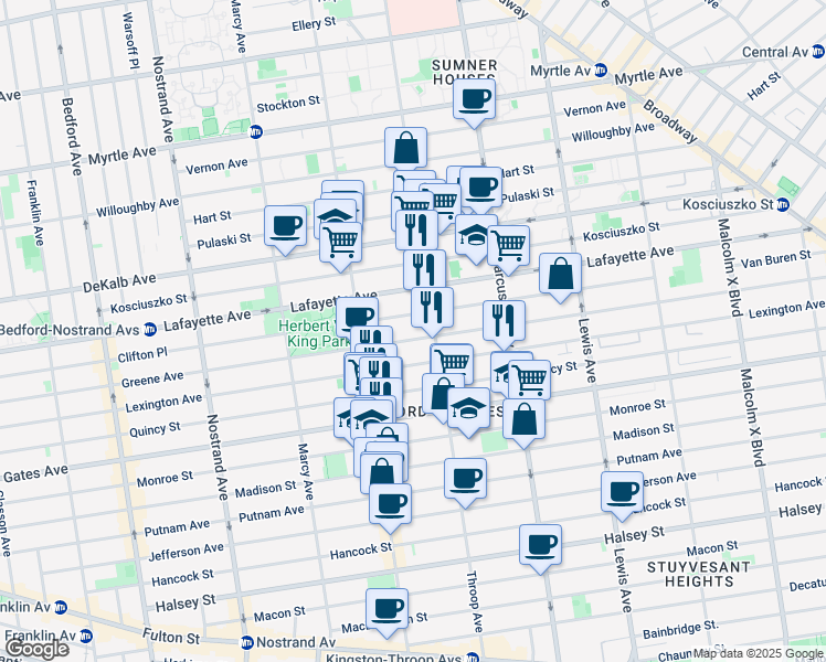map of restaurants, bars, coffee shops, grocery stores, and more near 434 Throop Avenue in Brooklyn