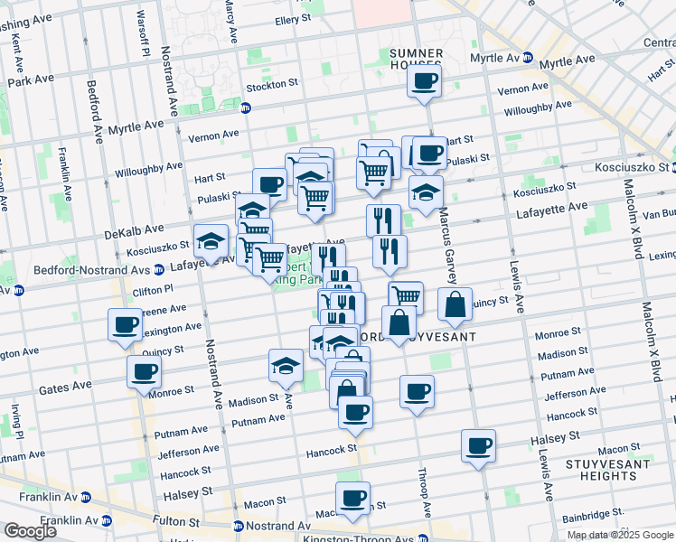 map of restaurants, bars, coffee shops, grocery stores, and more near 593 Greene Avenue in Brooklyn