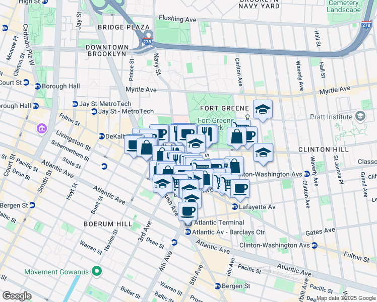 map of restaurants, bars, coffee shops, grocery stores, and more near 26 Fort Greene Place in Brooklyn