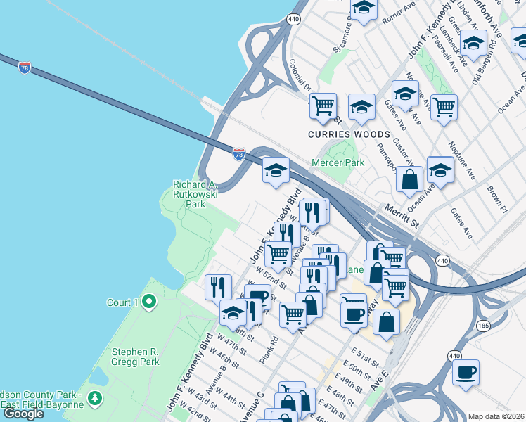 map of restaurants, bars, coffee shops, grocery stores, and more near 8 Sunset Avenue in Bayonne