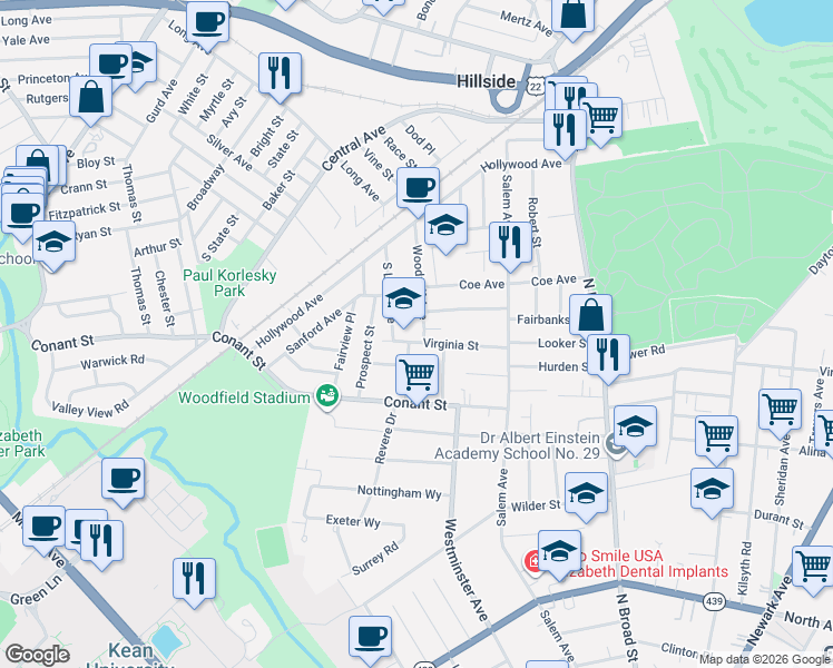 map of restaurants, bars, coffee shops, grocery stores, and more near 162 Virginia Street in Hillside