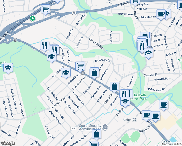 map of restaurants, bars, coffee shops, grocery stores, and more near 1389 Morris Avenue in Union