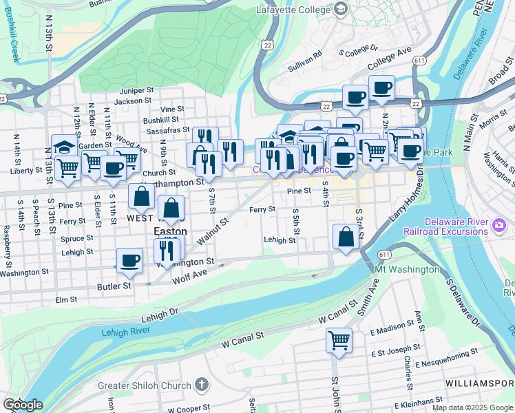 map of restaurants, bars, coffee shops, grocery stores, and more near 105 South Union Street in Easton