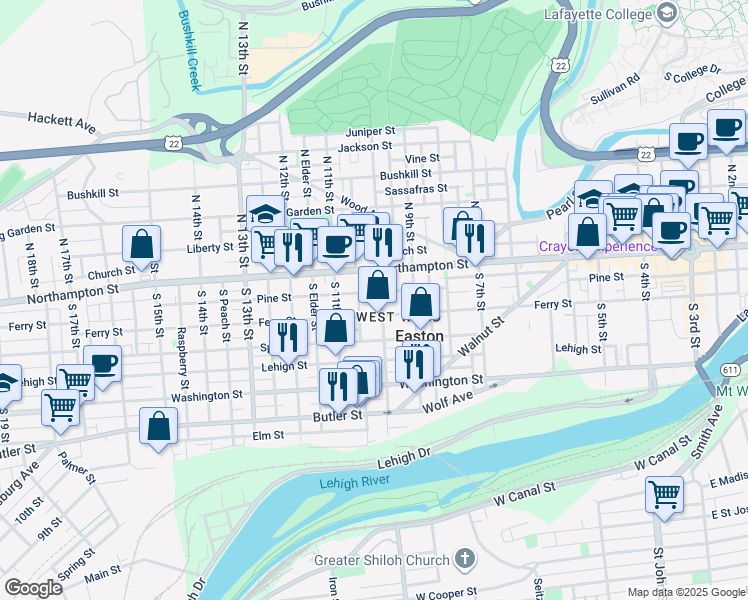 map of restaurants, bars, coffee shops, grocery stores, and more near in Easton