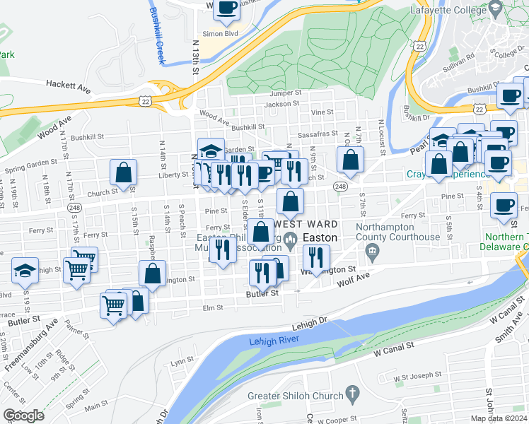 map of restaurants, bars, coffee shops, grocery stores, and more near 1032 Ferry Street in Easton
