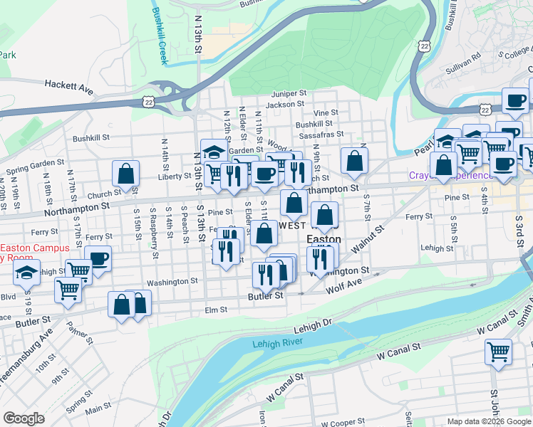 map of restaurants, bars, coffee shops, grocery stores, and more near 1032 Ferry Street in Easton